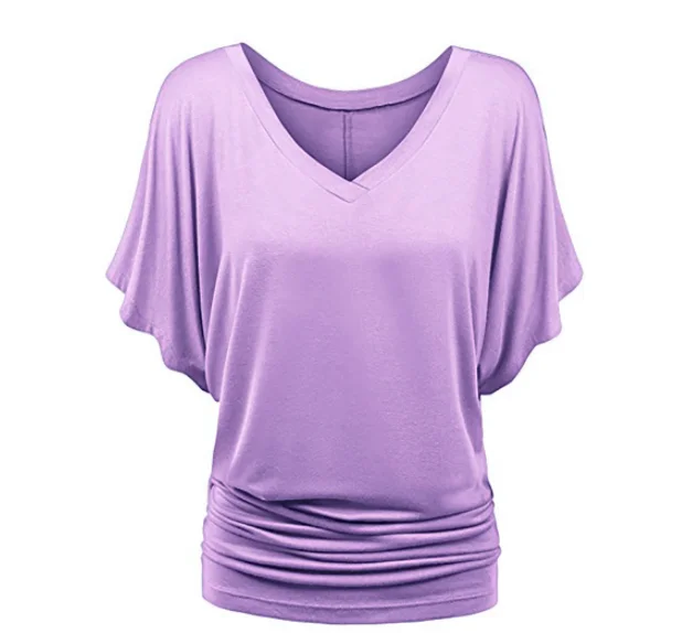 2022 Women Summer T-shirt Ruched V-Neck Batwing Short Sleeves T shirt Solid Casual Loose Female Tops Tees