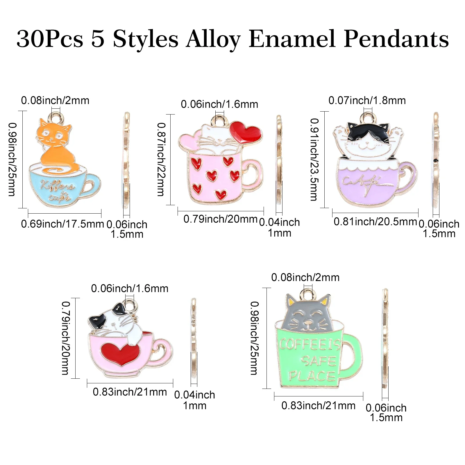 30Pcs 5 Styles Enamel Cat with Mug Charms Cute Cup Kitten Charms Enamel Pet Animal Charms for Jewelry Crafts Making Supplies