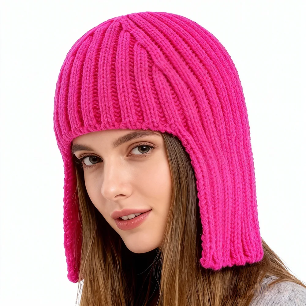 Hot Girl Perücke Strickmütze für Damen, warmer Gehörschutz für Herbst und Winter, Kopfbedeckung, modische Wollmütze im Einkaufsstil – Detail 5