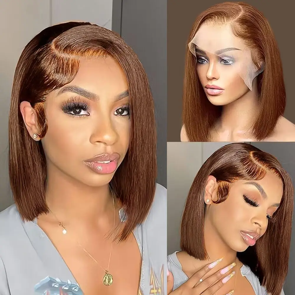 

#4 Chocolate Brown Straight Short Bob Wig 13x4 Straight HD Lace Frontal Wig Pre Plucked Human Hair Wigs Brazilian Remy For Women