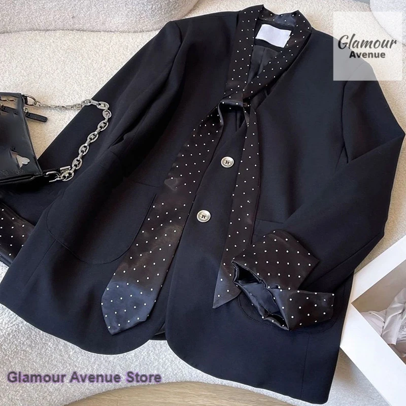 French black suit scarf ribbon coat women's spring and autumn new design sense niche stitching high-quality temperament top