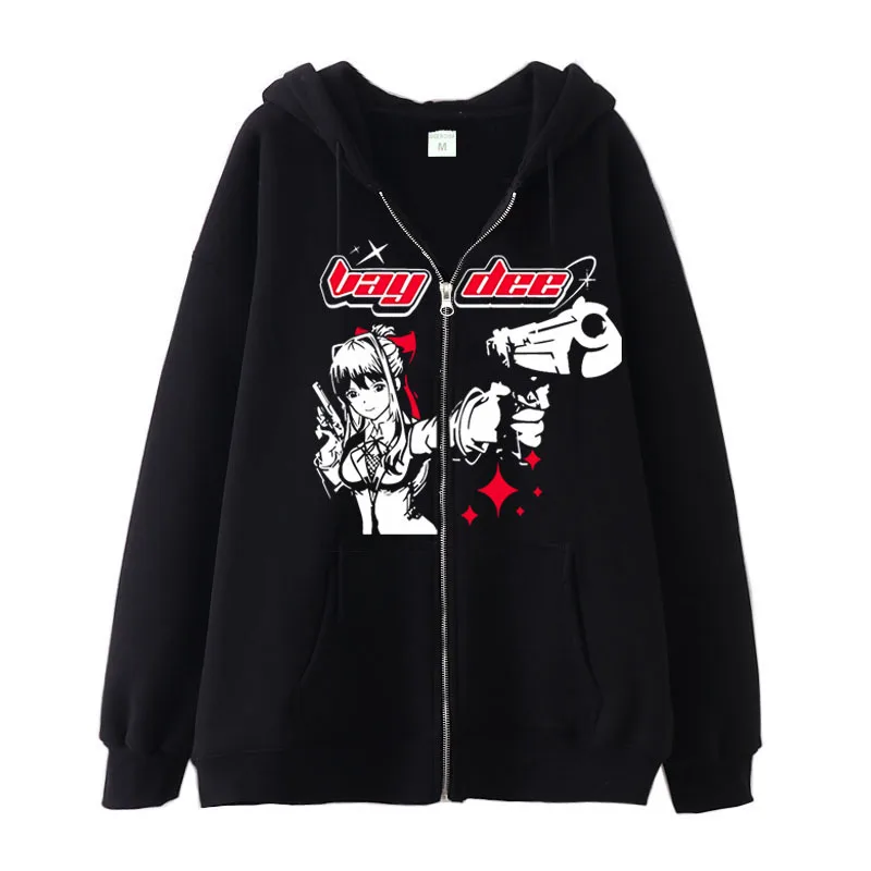 Harajuku Gun Girl Printed Hoodies women Japanese Casual Cardigan Oversize zip up hoodie gothic y2k tops high street sweatshirt