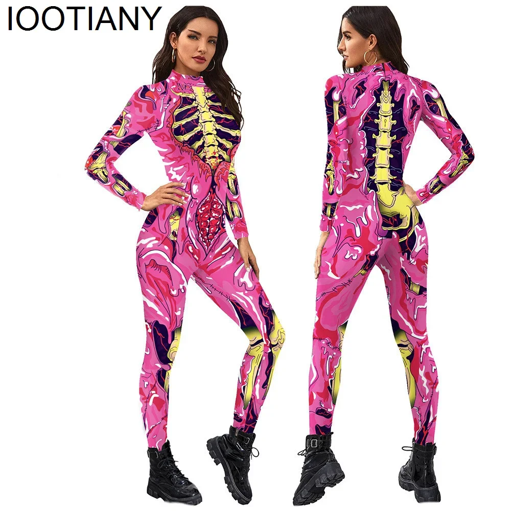 

Cosplay Adult Cosplay Costumes Halloween Painted Skeleton Print Bodysuits Women Sexy Slim Elastic Jumpsuit Long Sleeve Catsuit