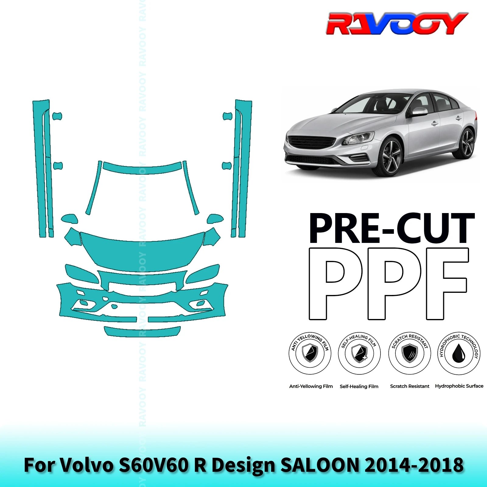For Volvo S60V60 R Design SALOON 2014-2018 Partial Front+Rockers 8.5Mil Pre-Cut Paint Protection Film PPF Kit Clear/Matte/Black