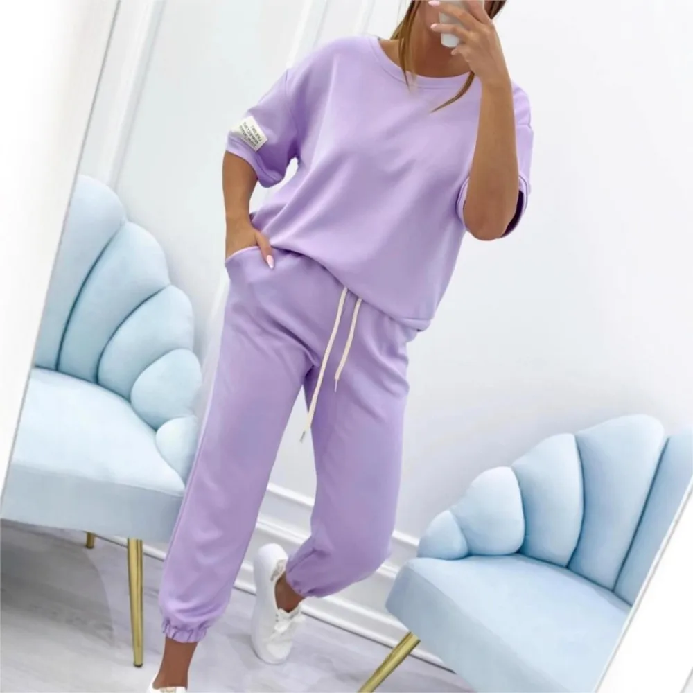 Feminino casual calças diárias conjunto 2025 verão moda em torno do pescoço de manga curta camiseta + calças com punho de renda conjunto de duas peças roupas esportivas