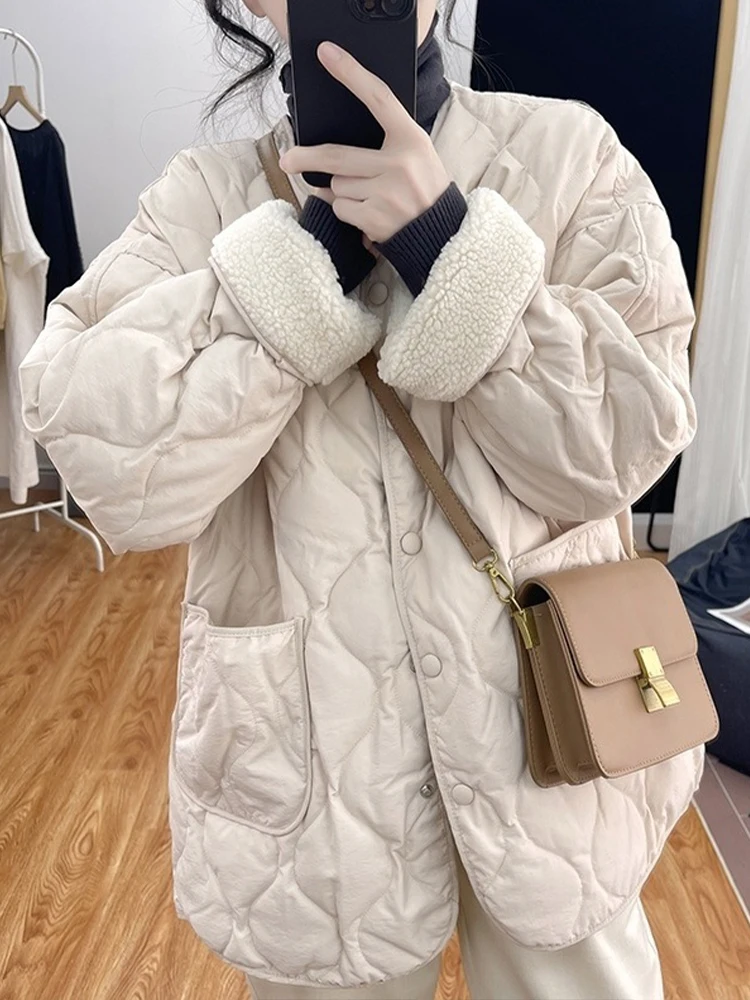 

Winter Down Coats Women Korean Fashion Single Breasted Lambwool Cotton Jackets Oversized Casual Thick Warm Long Sleeve Outerwear