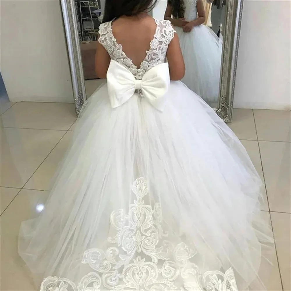 Elegante abito da damigella d'onore per ragazze, abito da sposa per ragazza di fiori, applicazioni senza maniche con fiocco, abito da prima comunione per spettacoli di festa per bambini