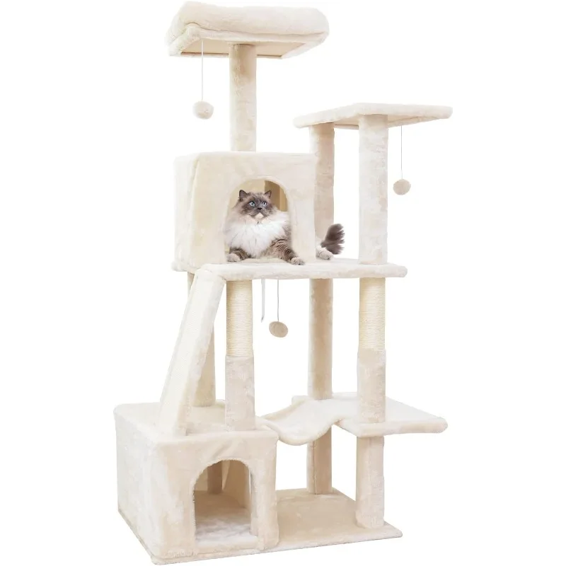 

53 Inch Multi-Level Indoor Cat Tree Stand with Sisal Scratching Post, Condo, Hammock, and Ball, for All Cats