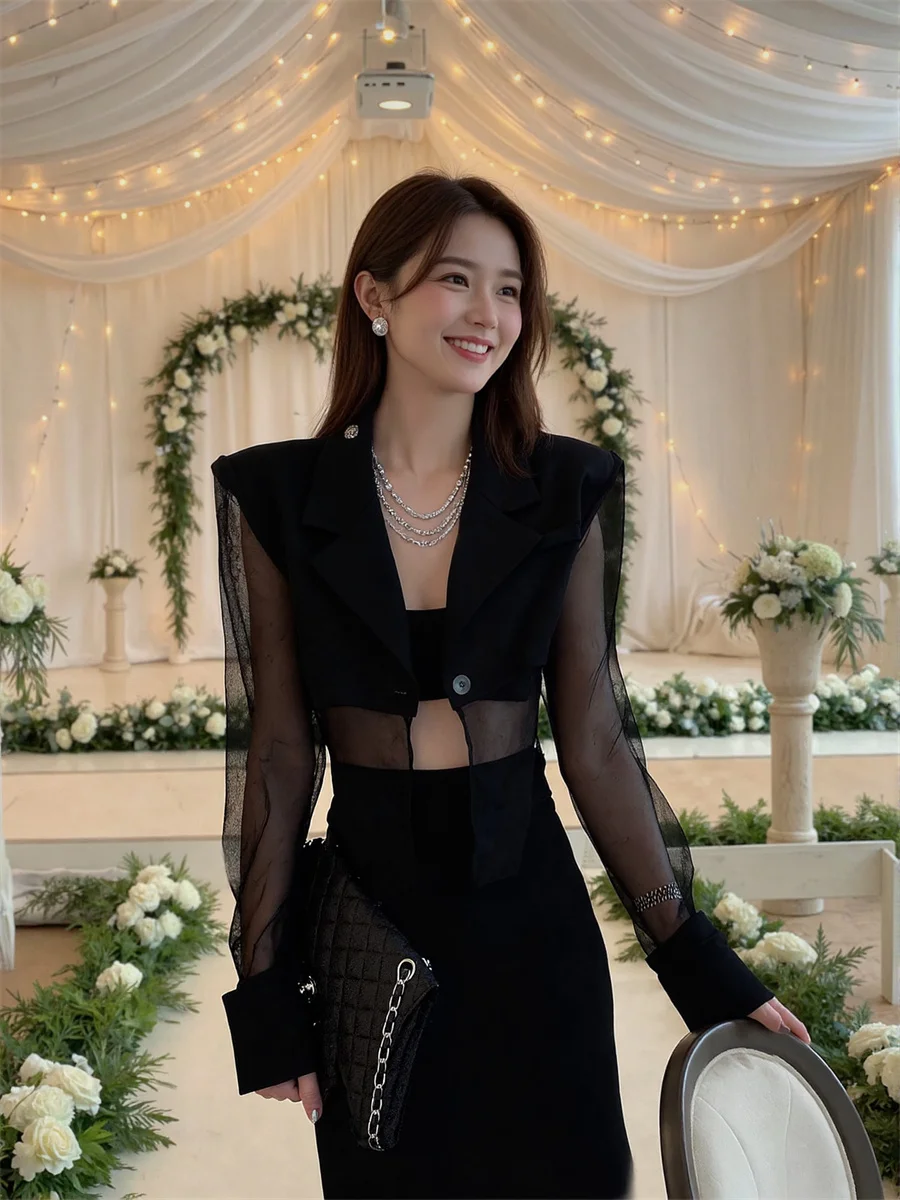 

Sun-proof Cropped See-through Back-Slit Blazers For Woman With Designs Clothes Women Youthful Topcoat Welt Wrap-Around Row Femme