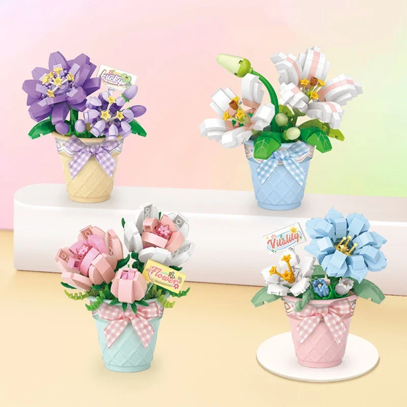 Mini Potted Flower Building Blocks DIY Cartoon Cute Animal Model Assembly Ornaments Adult Children\'s Toy Gift