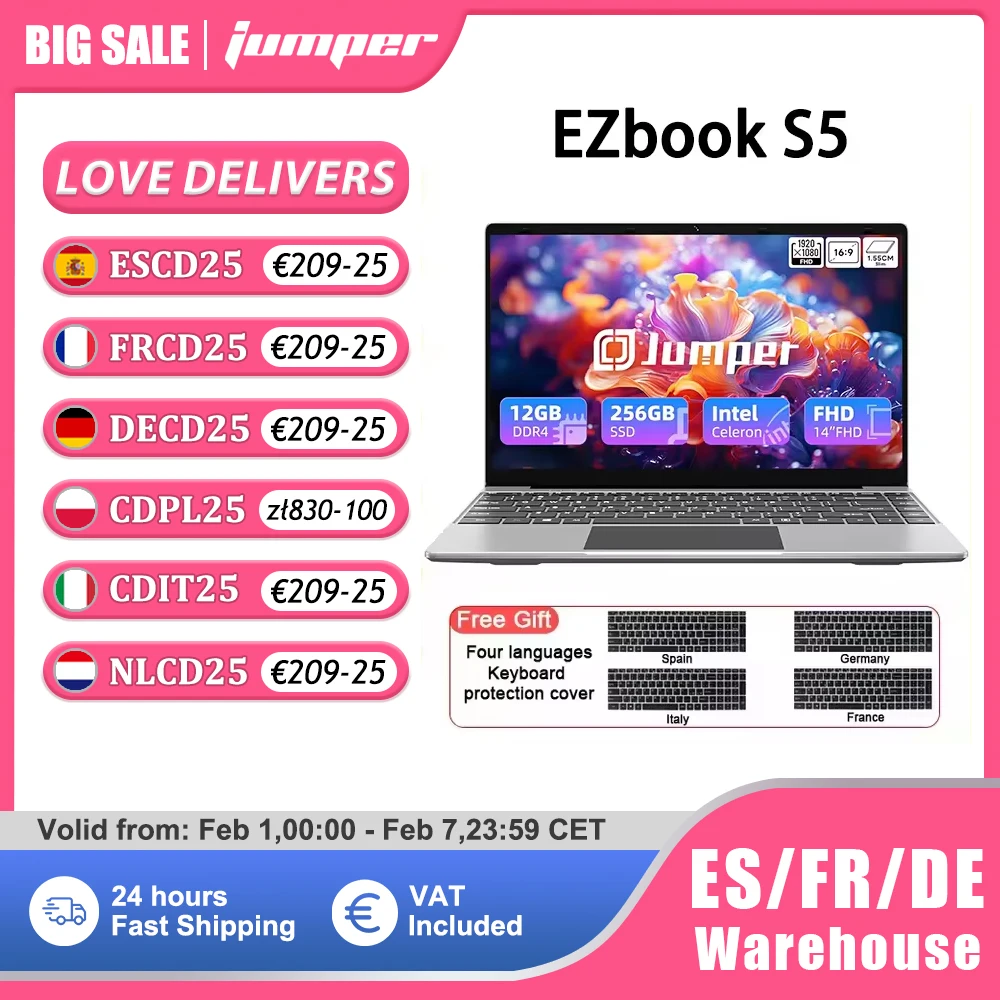 Jumper EZbook S5 Laptop 14 Polegada, 12GB RAM 256GB SSD, Processador Intel Celeron J4105 Notebook, Dois Alto-falantes, Tipo-C, Mini HDMI