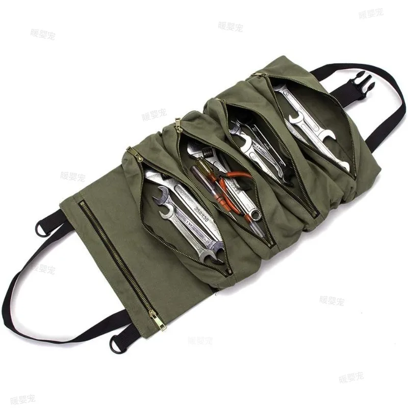 Multi-Pocket Tool Roll Organizer Pouch Multi-Purpose Roll Up Tool Bag with 5 Zipper Tool Pockets Car First Aid Kit