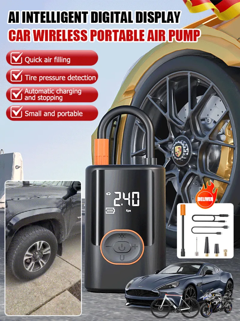 Car Wireless Portable Air Pump Smart Digital Tire Pressure Detection Lightweight Fast Charging Bike