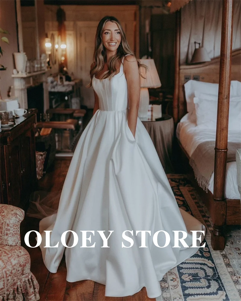 OLOEY White Simple A Line Wedding Dresses Square Neck Satin Floor Length Bridal Gowns Vestido de noiva Custom Made 2025