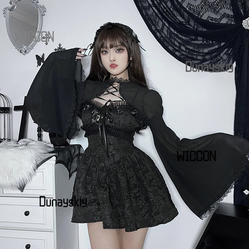 

Gothic Y2K Peplum Top for Halloween/Christmas/Oktoberfest/Easter - Bell Sleeve Lace Blouse with Detachable Bow