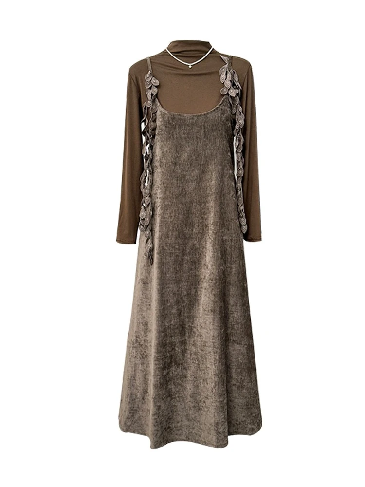 フランス風エレガントベルベットミディ丈スリップドレス レディース 秋 ハイネック長袖Tシャツ風 エレガントヴィンテージ風 ツーピース スリムフィット