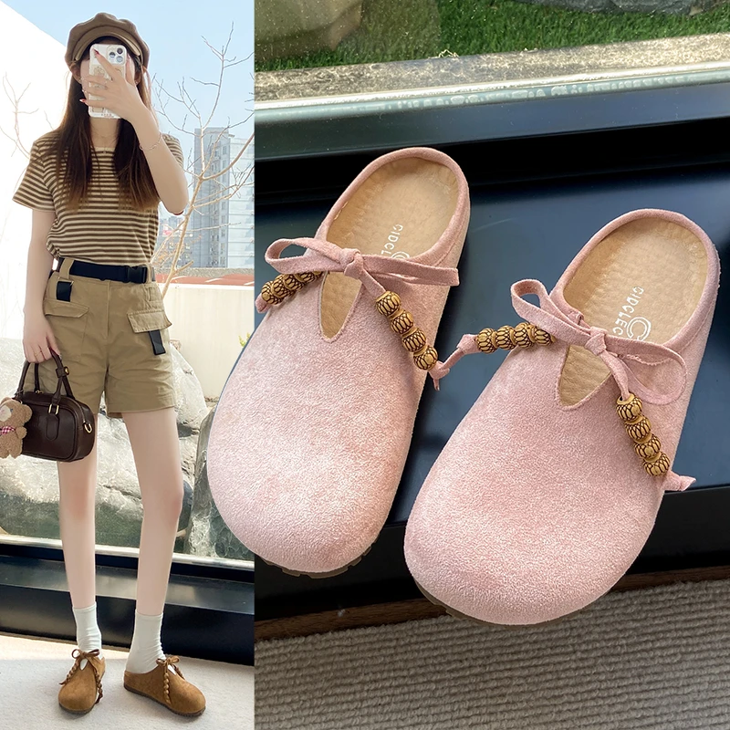 

Модная женская обувь, тапочки с бантом в корейском стиле, весенне-летние классные тапочки на мягкой подошве, туфли Birken на плоской подошве.