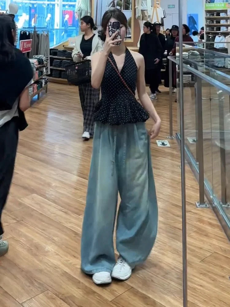 plus Size Silk Wide Leg Jeans Women's Thin Autumn New Fat MM Drapey Hip Conceal Slimming Ice Silk Floor-Length Pants