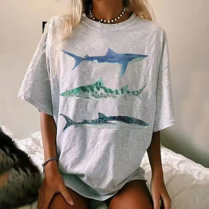 

American Street Ins Vintage Fish Fun Printed Couple T-shirts Summer Casual Trendy Brand Men Women Y2k Loose Half-sleeved Tops