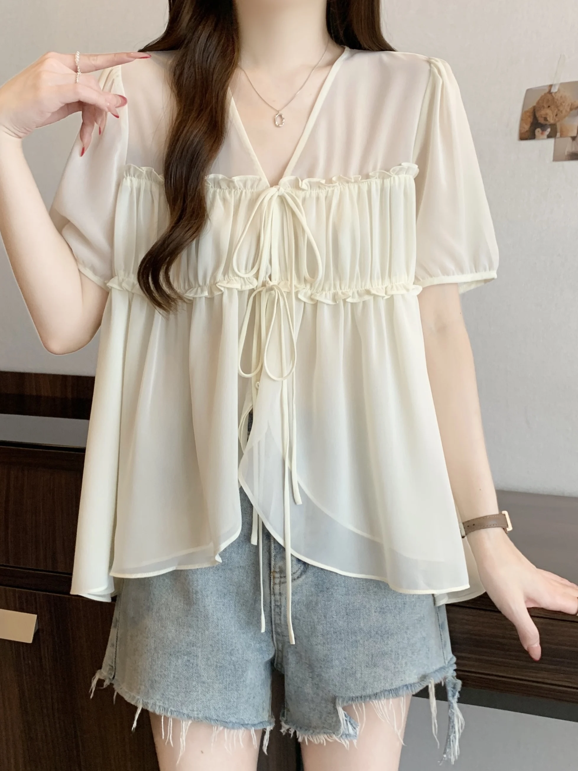 

V-Neck Short Sleeve Chiffon Shirt Women's Fashionable plus Size Top Tie Waist Loose Fit Breathable Summer New Arrival