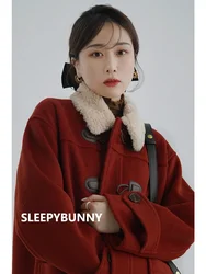 Lamb Wool Collar Duffle Coat Women Long Wool-Like Overcoat Elegant Loose Fit Warm Winter Fashion Outerwear 2025 Trendy Clothing
