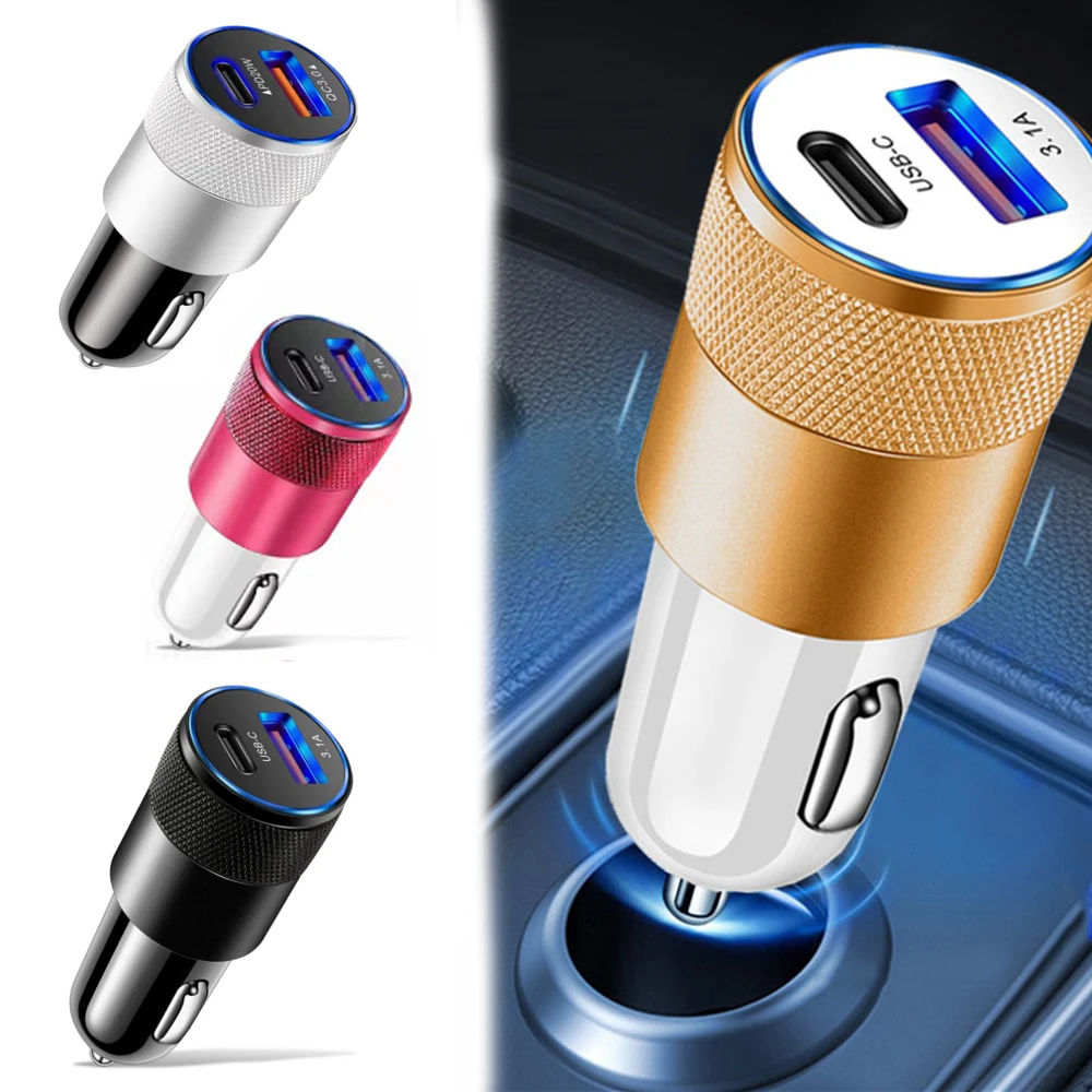 Car Charger Type-c Car Charger 12-24V Display Fast Charger 3.1A USB+PD Metal Material Aluminium Alloy Steel Gun Dual USB Port