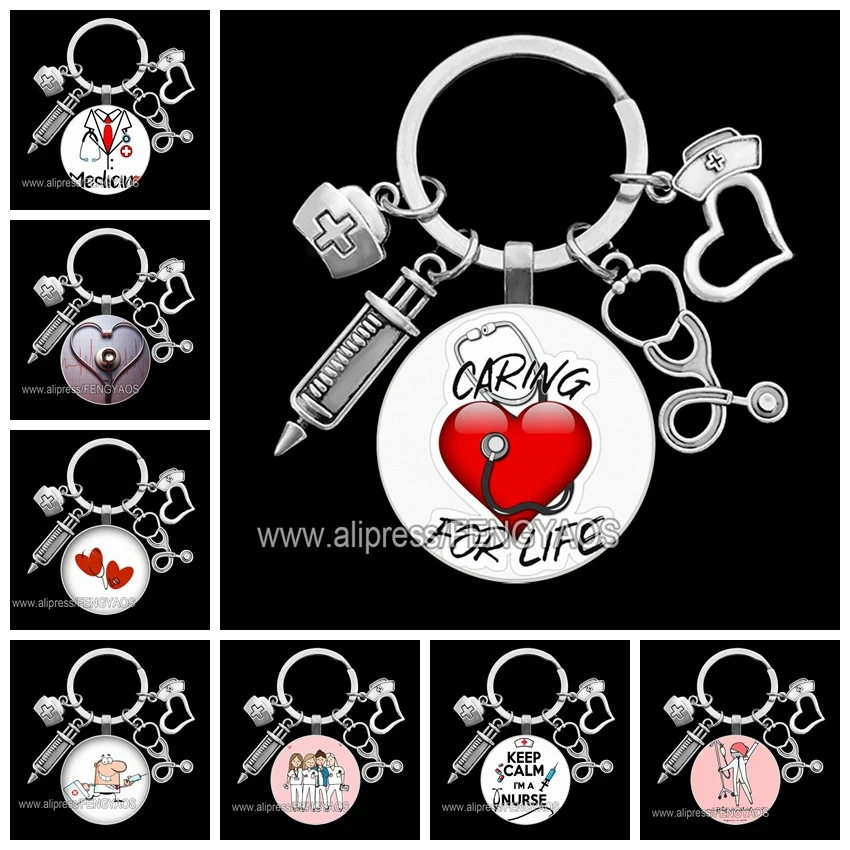 New Doctor Keychain Medical Tool Key Ring Injection Syringe Stethoscope Nurse Cap Keychains Medico Gift for Nurse