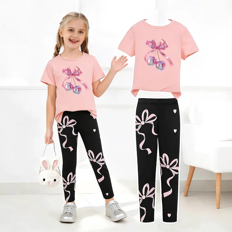 

Summer new girls' children's clothing set, casual short-sleeve long-pants set, printed short-sleeve long-pants set