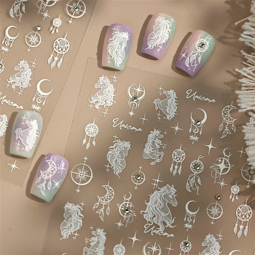 

Sparkling Rhinestone White Dreamy Horse Unicorn Dreamcatcher Stars Moon 3D Self Adhesive Nail Art Sticker Lovely Manicure Decals