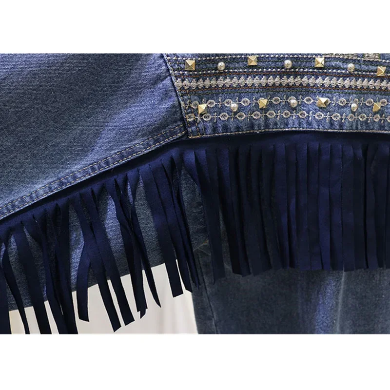 

Embroidery Denim Jacket Women Autumn New Handwork Rivet Tassel Patch Veste Femme Loose Chaquetas Mujer Jeans Jacket Coat Female