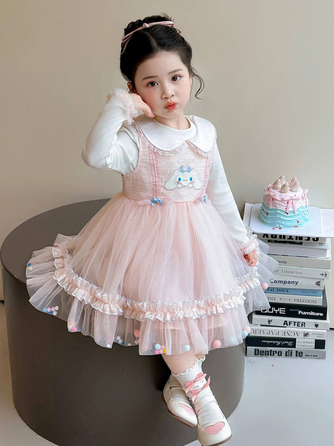 

Trendy Girls' Long Sve Dr Me Fluffy Princ Skirt Spring Autumn New Sle Knot Elastic Waist Children's Cl...