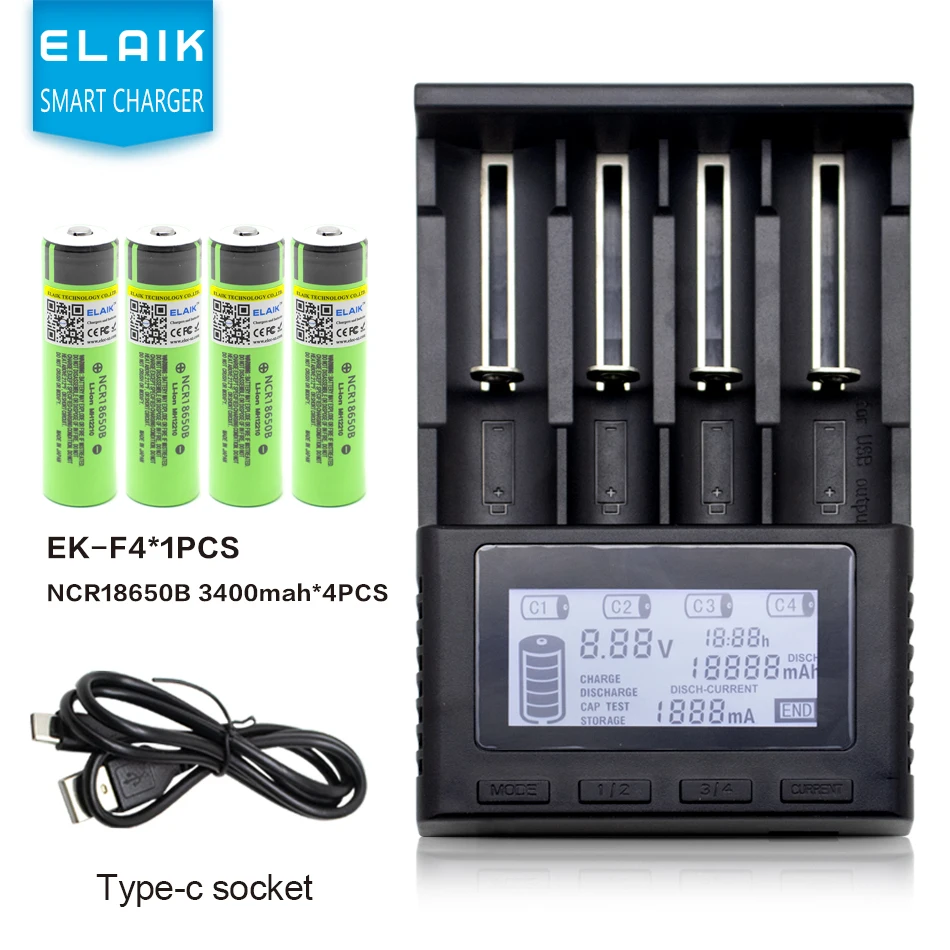 

ELAIK EK-F4 LCD Smart Charger Test Capacity 26650 18650 14500 21700 18500 18350 AA AAA and other 4 slots with battery