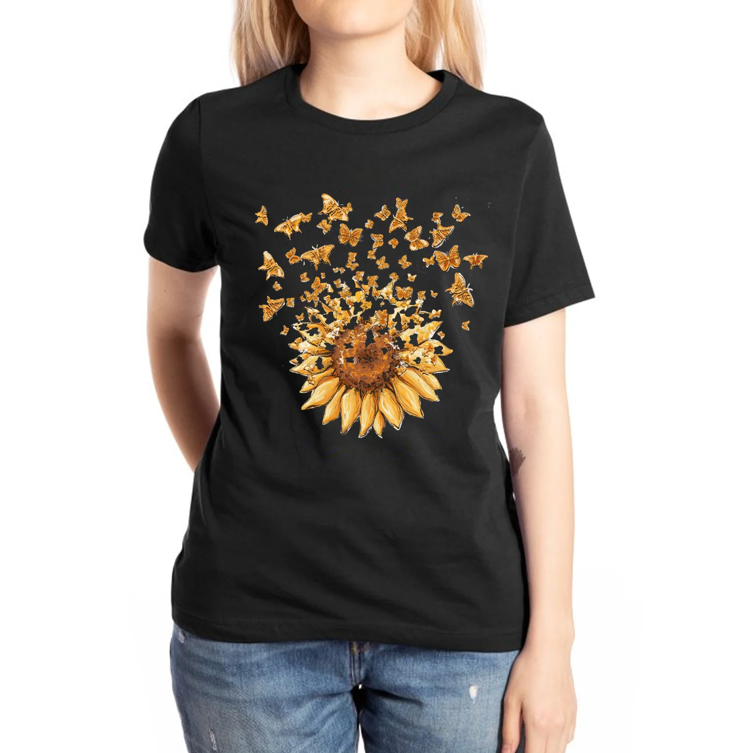 

Yellow Sunflower Print Women's Cotton T-Shirt Loose Stretch Short Sleeves Casual Aesthetic Elegant Top Unisex Summer Basic Tee