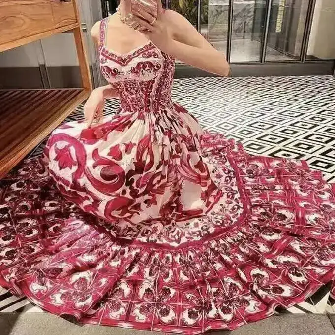 Women Dress Runway Summer Clothes Midi Dress Spaghetti Strap Blue White Porcelain Elastic Bust A-line Vintage Long Dresses