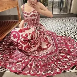 Women Dress Runway Summer Clothes Midi Dress Spaghetti Strap Blue White Porcelain Elastic Bust A-line Vintage Long Dresses