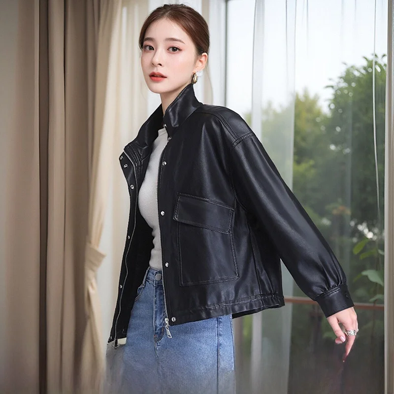 

Ning Women's Real Leather ort Jaet Loose Slimming Korean Sle Spring Autumn New Model eepskin Small Coat