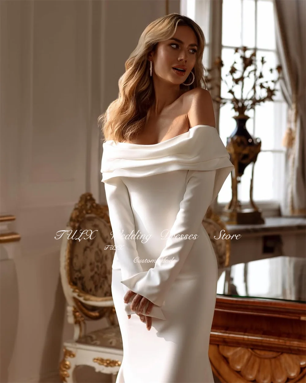 TULX Elegant Mermaid Satin Wedding Dress Off Shoulder Long Sleeves Bridal Gowns Long Sweep Train Vestido De Novia Customized