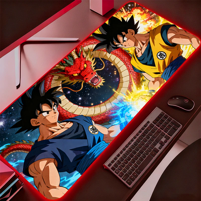 แผ่นรองเมาส์ขนาดใหญ่ LED สำหรับสำนักงาน คอมพิวเตอร์ โต๊ะทำงาน RGB พรมรองคีย์บอร์ดลายดราก้อนบอล DBZ อุปกรณ์เสริมสำหรับเล่นเกม แผ่นรองเมาส์มีไฟแบ็คไลท์