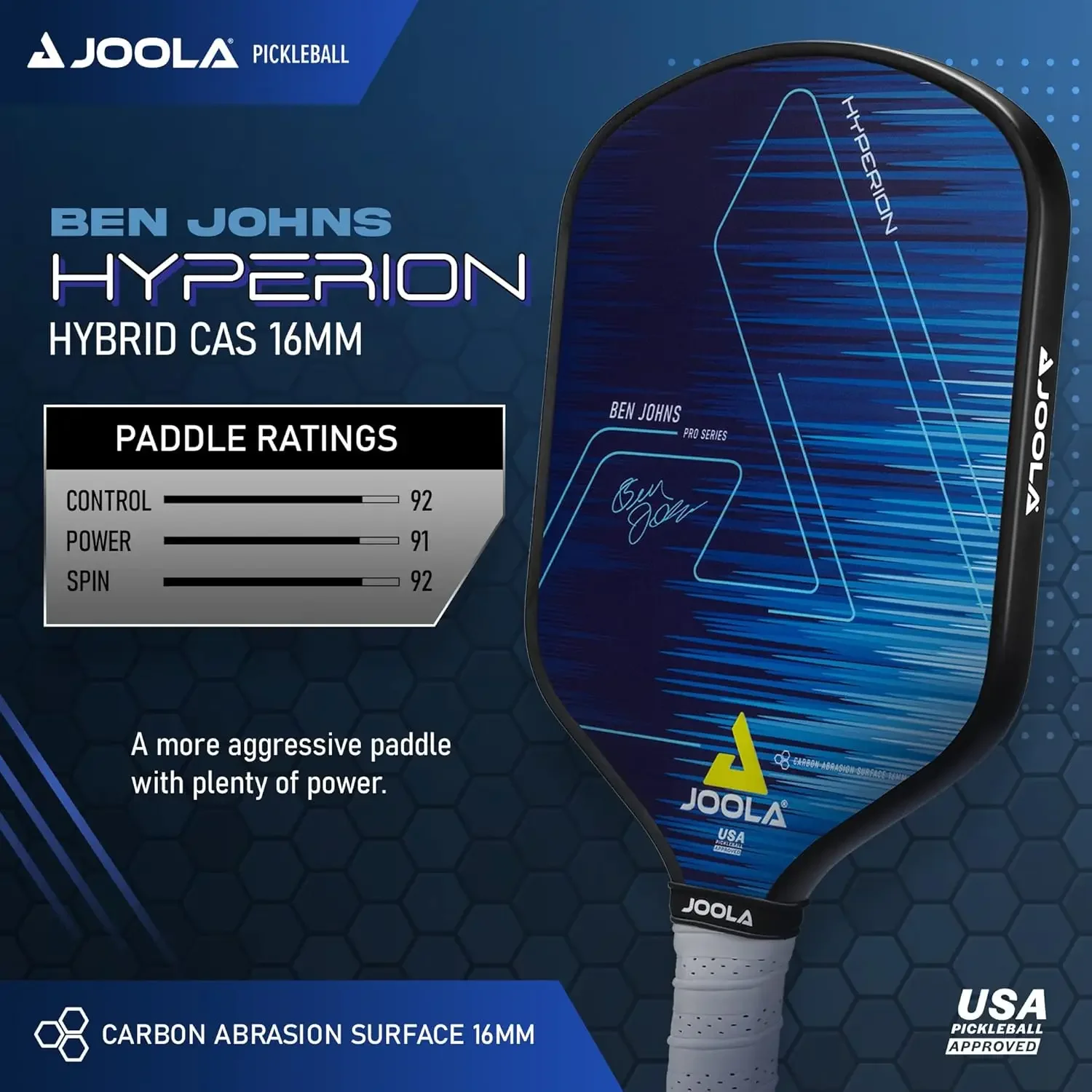 Hyperion CAS Pickleball Paddle - Carbon Abrasion Surface with High Grit & Spin, Sure-Grip Elongated Handle, Pick