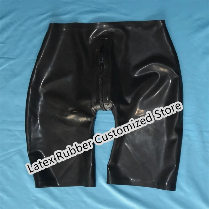 Rubber Trousers Latex Shorts for Men with 2 Way Crotch Zippers Half Length Pants