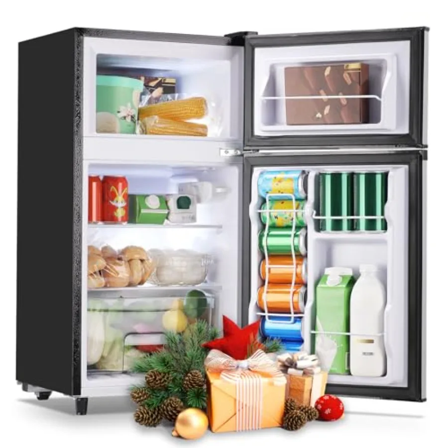 Double Door Small Refrigerator with Freezer-on-top 3.5 Cubic Feet Mini Fridge with 7-Level Adjustable Thermostat for Office Dorm