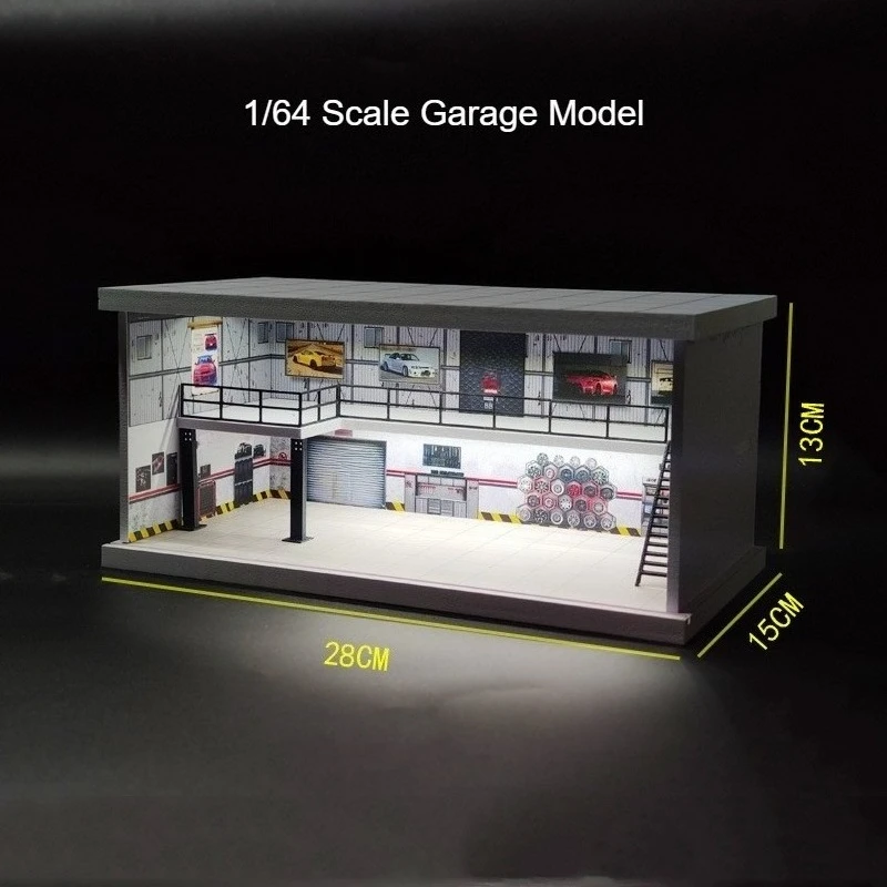 โมเดลโรงจอดรถโชว์รูมรถยนต์ขนาด 1/64 พร้อมไฟ LED ฉากแสดงสถานที่ซ่อมบำรุงและลานจอดรถ