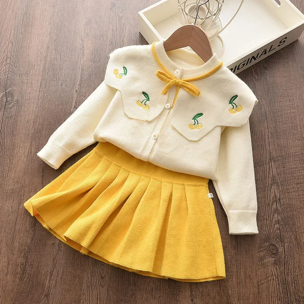 Kids Clothes Baby Girl Costume Cartoon Embroidery Cherry Doll Collar Bow Cardigan+solid Color Pleated Skirt Winter Two-piece Set