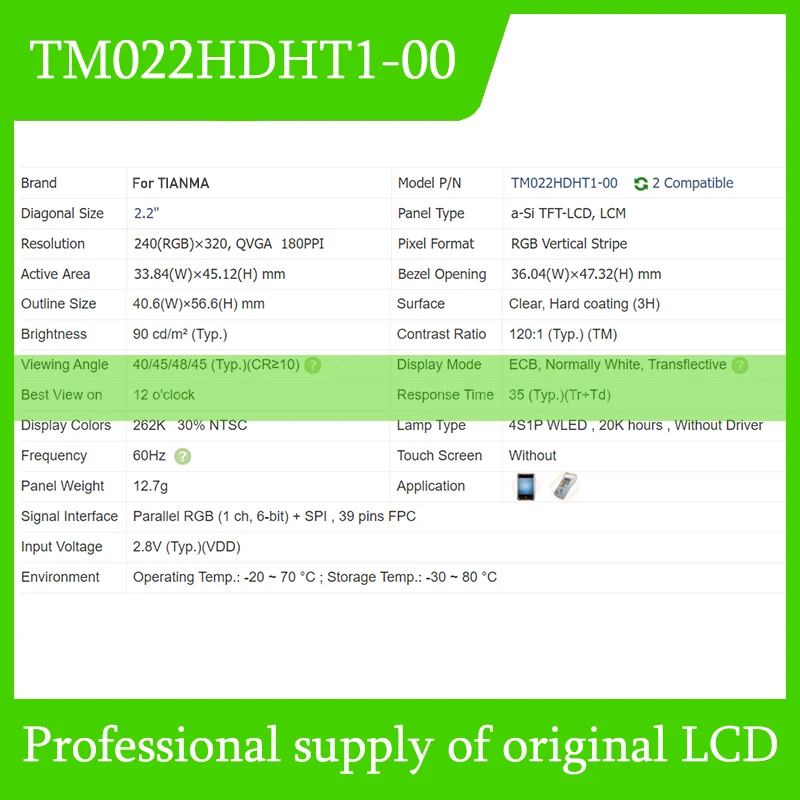 TM022HDHT1-00 2.2 Inch Original LCD Display Screen Panel for Sharp Brand New and Fast Shipping 100% Tested