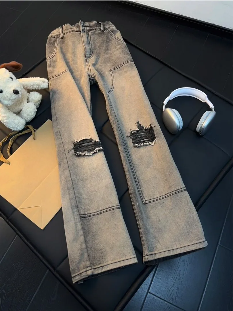 

Loose Straight Leg Men's Denim Jeans Hip Hop Retro American Sle Fake Hole Design High Street Faion Spring Season Jeans