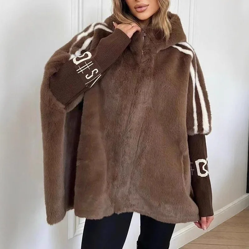 جديد الشارع نمط الدافئة أفخم معطف المرأة الخريف الشتاء فو الفراء معاطف رسالة التطريز الربط كم طويل رقيق سترة Mujer