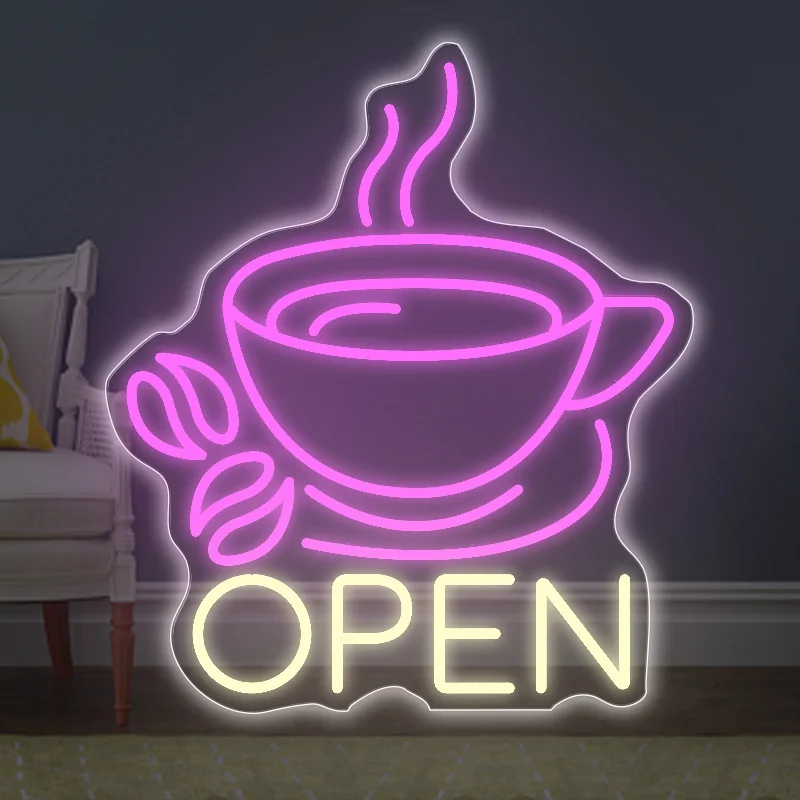 

LED Neon Sign, Coffee Cup "OPEN" Wall Decor, USB Powered Aesthetic Art for Bars, Cafes, Restaurants, Kitchens,Shops, Windows