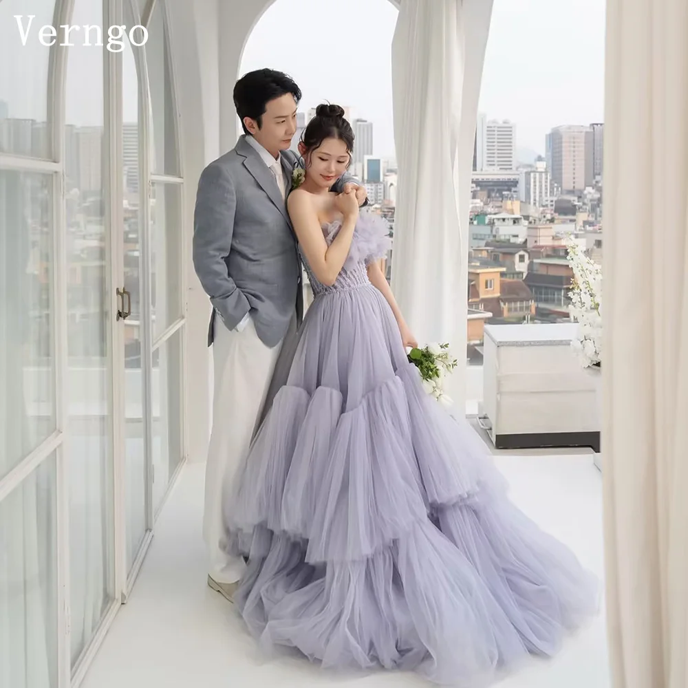 فستان زفاف Verngo رمادي أرجواني تول بدون حمالات على شكل حرف A فساتين زفاف ماكسي كورية ملونة مطوي فستان عروس مخصص