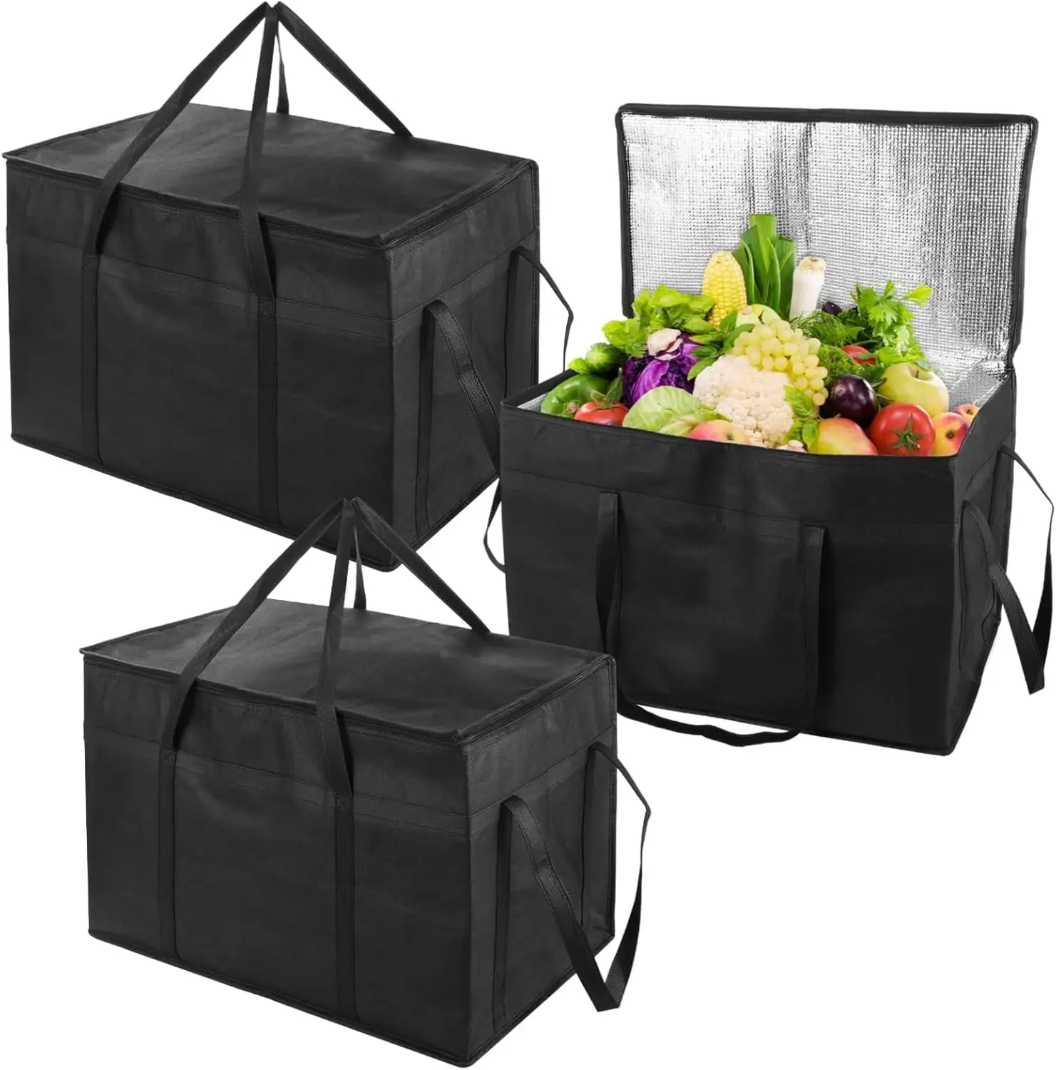 Lnrueg 3 PCS Insulated Food Delivery Bags, XXXL Pizza Cooler Bag, Thermal Hot Cold Carrier for Catering, Shopping, Groceries, La