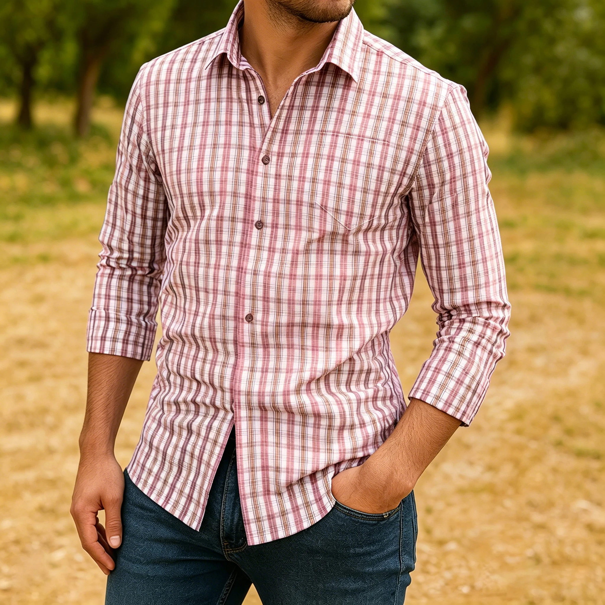 Men's Fine Checkered Slim-Fit Long-Sleeved Shirt, Casual Collared Pocket Checkered Shirt, Versatile Top for Commuting.
